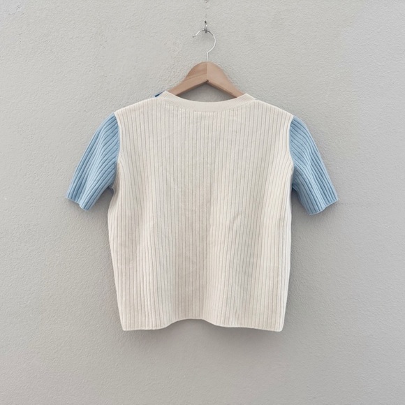 Akris Punto Virgin Wool Short Sleeve Sweater Womens US 14 Blue Cream Ribbed Crew - Picture 7 of 13